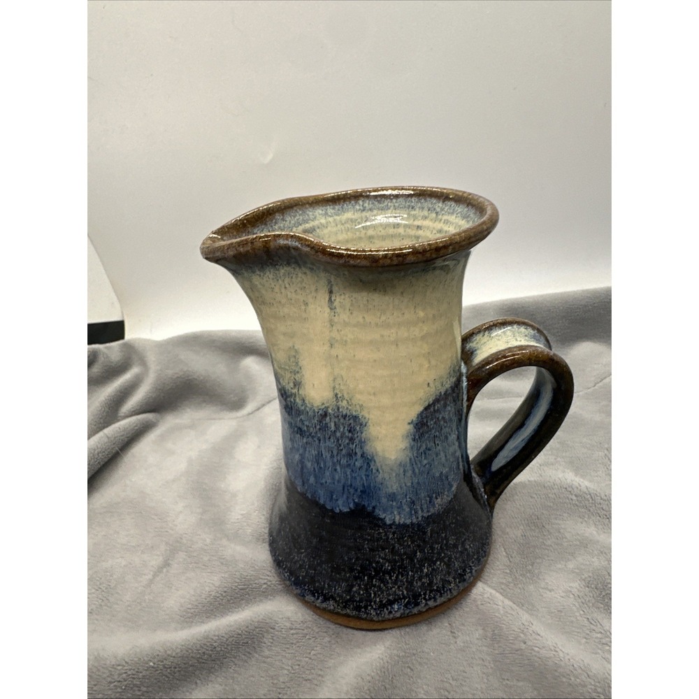 Two Tone Blue BeigeGray Pottery Small Pitcher/Creamer Studio Artisan